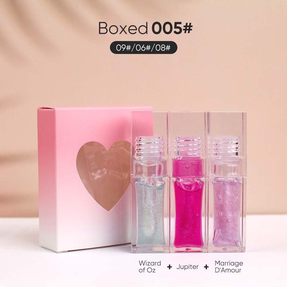 3-Piece Plumping Lip Oil Set Color Change Hydrating Shine Lip Gloss Heart-Shaped Box