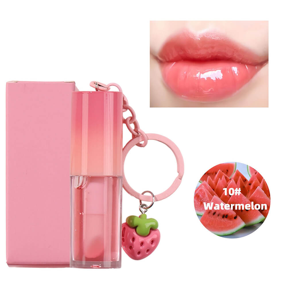 10-Color Fruit Lip Oil Plumping Lip Gloss Moisturizing With Strawberry Keychain
