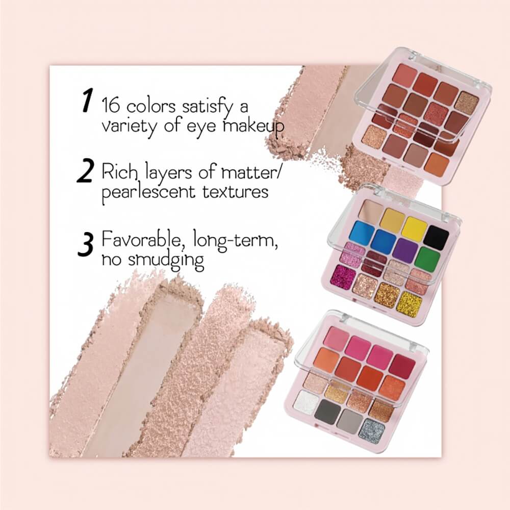16 colors vegan eyeshadow palette matte glitter long lasting no logo