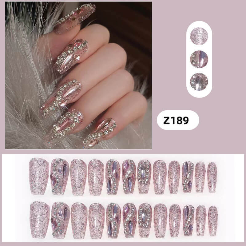 Press on nails fake nail patch diamond pink removable 24pcs