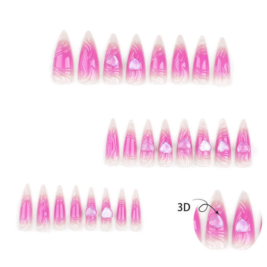 3D nail art pink love manicure long nail patch glitter fake nails 24pcs