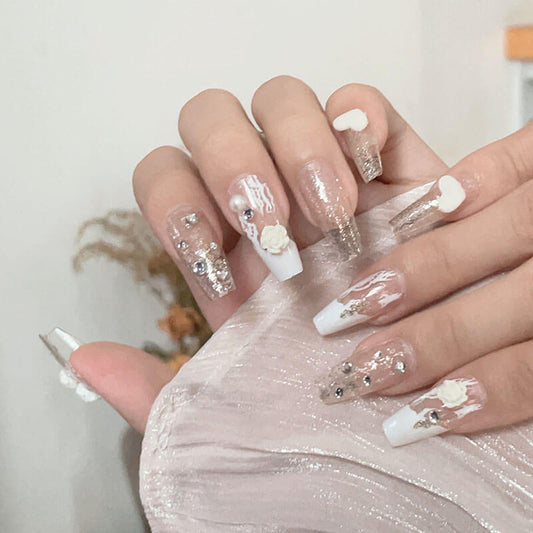 Nails press on nails luxury diamond camellia bride wedding 24pcs