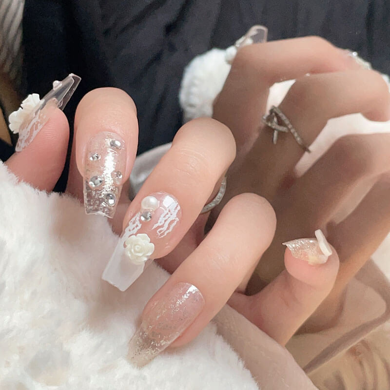 Nails press on nails luxury diamond camellia bride wedding 24pcs