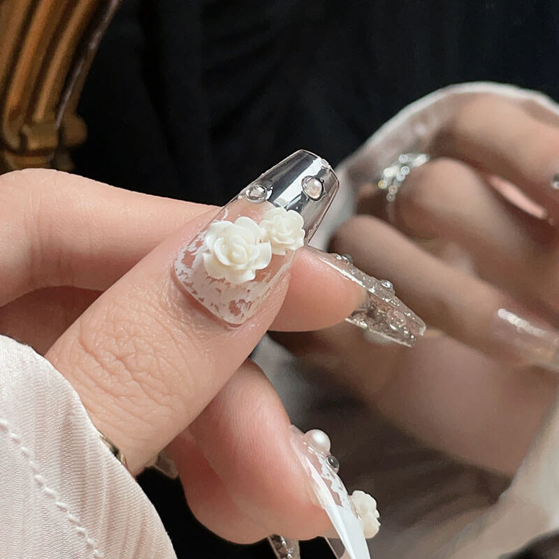 Nails press on nails luxury diamond camellia bride wedding 24pcs