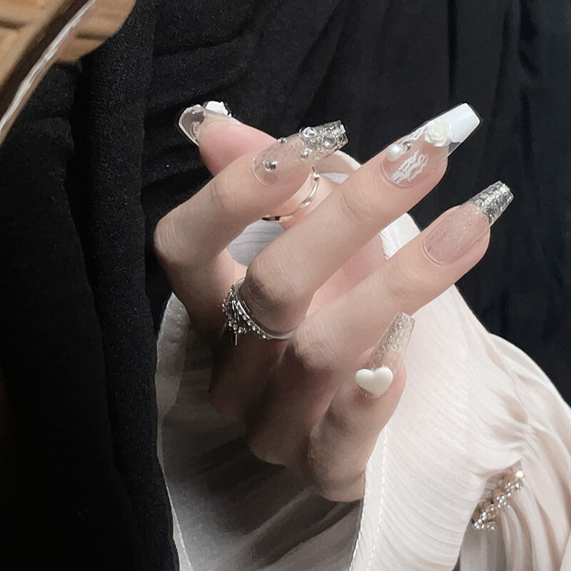 Nails press on nails luxury diamond camellia bride wedding 24pcs