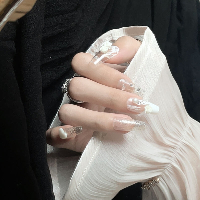 Nails press on nails luxury diamond camellia bride wedding 24pcs