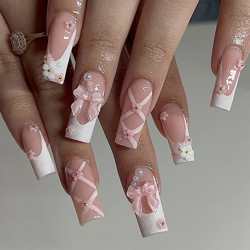 Pink cute nail art wear nail tips bow long flower nail stickers 24pcs