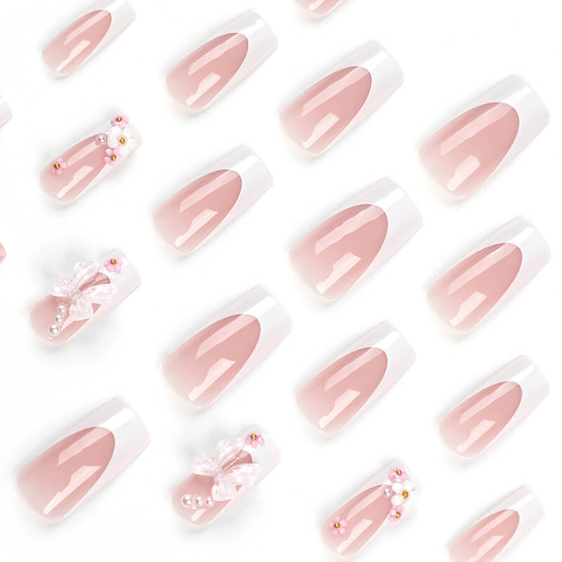 Pink cute nail art wear nail tips bow long flower nail stickers 24pcs