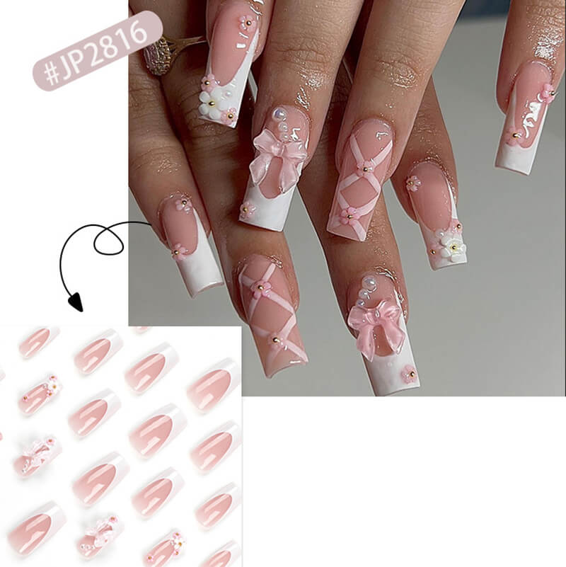 Pink cute nail art wear nail tips bow long flower nail stickers 24pcs