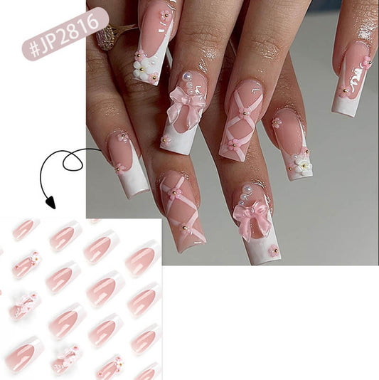 Pink cute nail art wear nail tips bow long flower nail stickers 24pcs