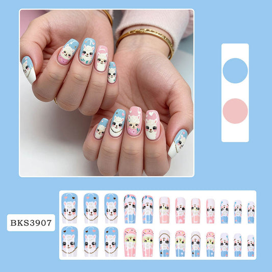 Cute Little Lamb Fake Nails Long Wearable Nail Art Oval-shaped Nail Stickers Manicure