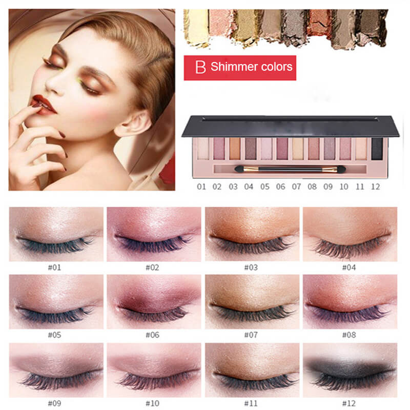 12 color eyeshadow palette matte shimmer non-smudge with brush