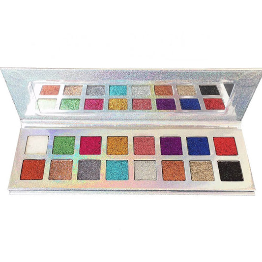 Palette de 16 fards à paupières pailletés nacrés et brillants, effet électroplaqué.
