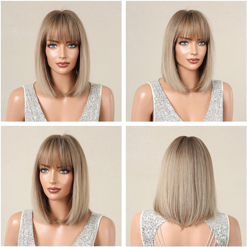Women wigs with bangs bob hair short straight hair full wig cover headgear