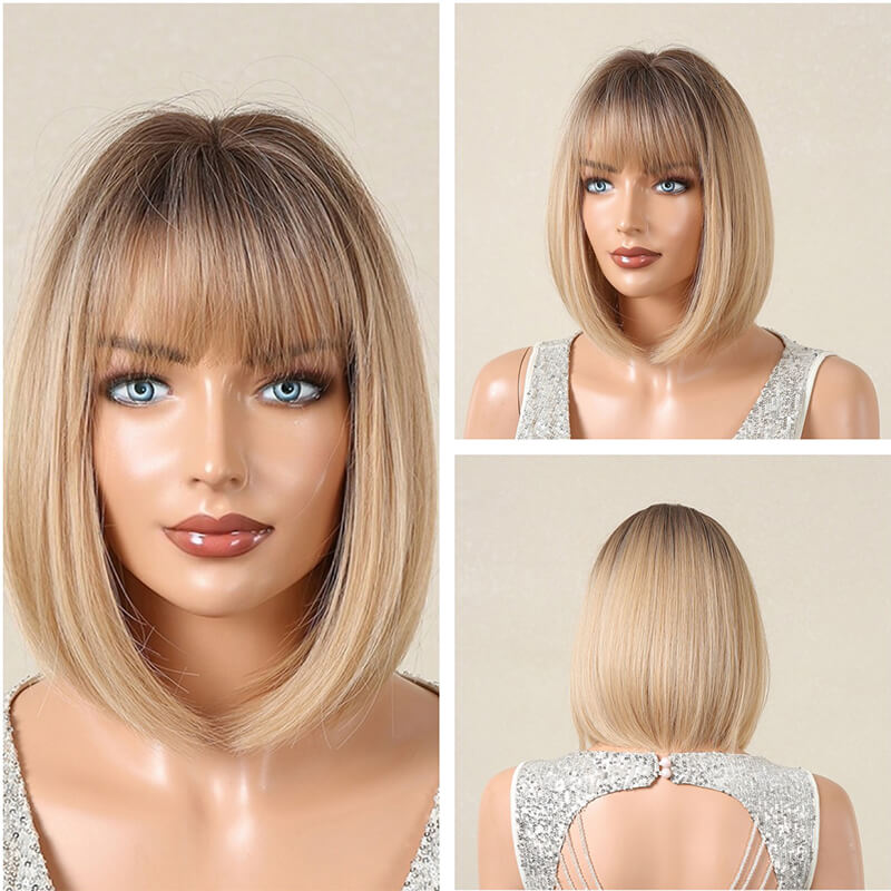 Women wigs with bangs bob hair short straight hair full wig cover headgear