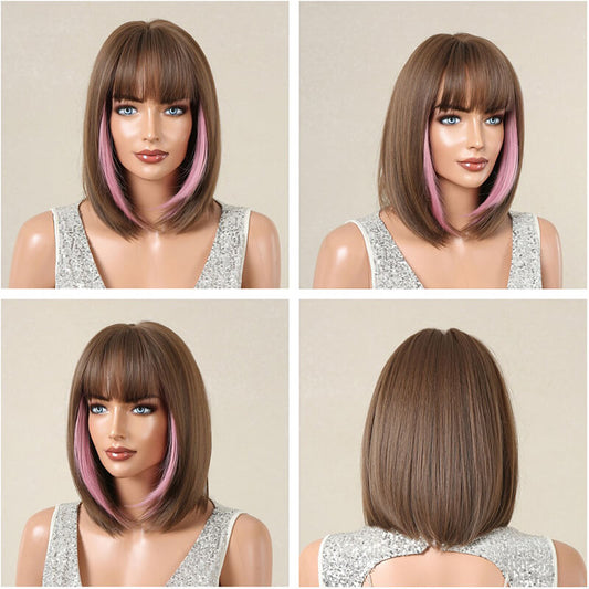 Women wigs with bangs bob hair short straight hair full wig cover headgear
