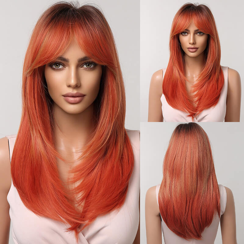 Gradient wig long straight hair full fiber women headwear 24 inch