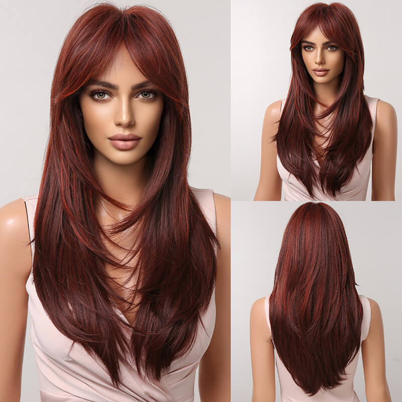 Gradient wig long straight hair full fiber women headwear 24 inch