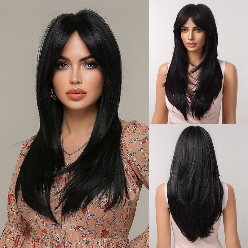 Gradient wig long straight hair full fiber women headwear 24 inch