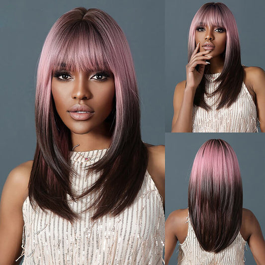 New gradient wigs cosplay punk long straight hair pink full headgear wig