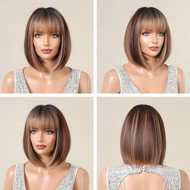 Women wigs with bangs bob hair short straight hair full wig cover headgear
