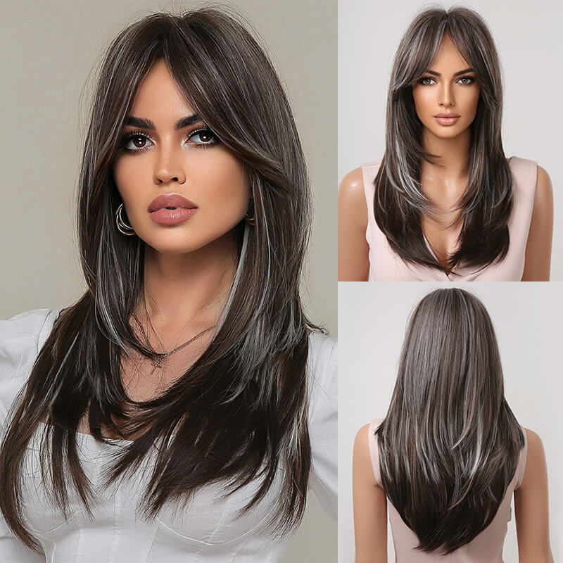 Gradient wig long straight hair full fiber women headwear 24 inch