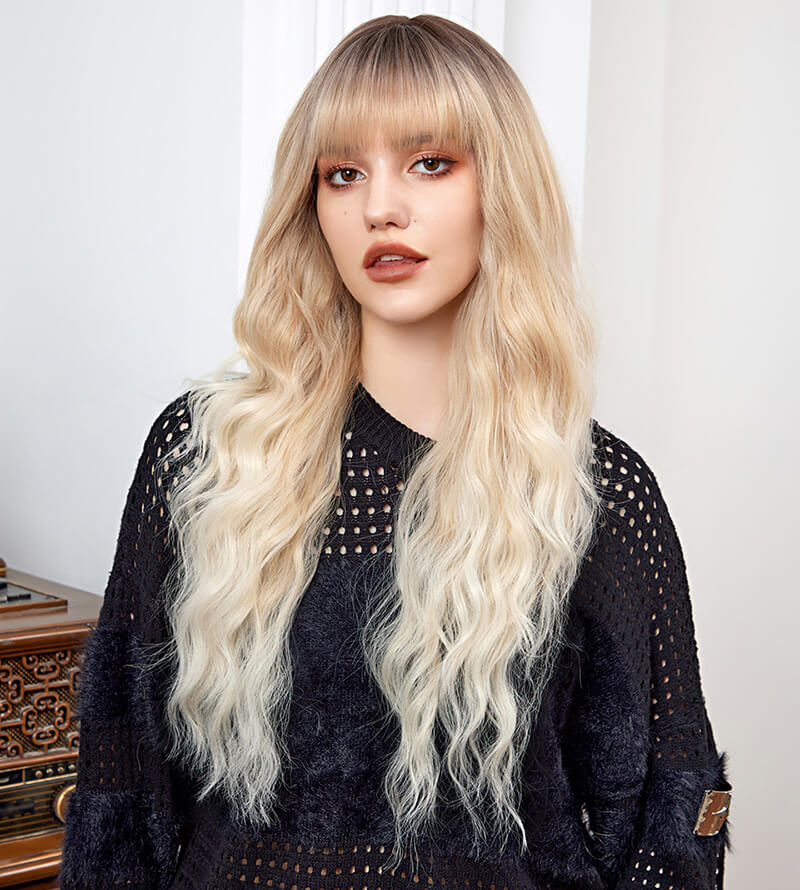 Gradient wig full headgear long curly waves hair natural versatile