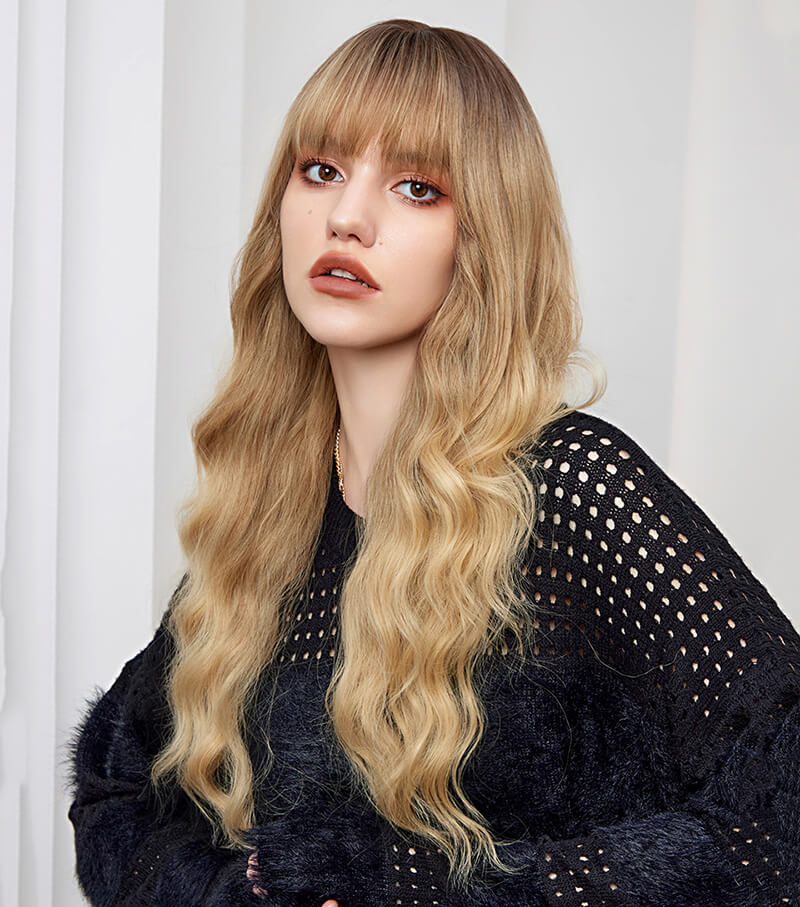 Gradient wig full headgear long curly waves hair natural versatile