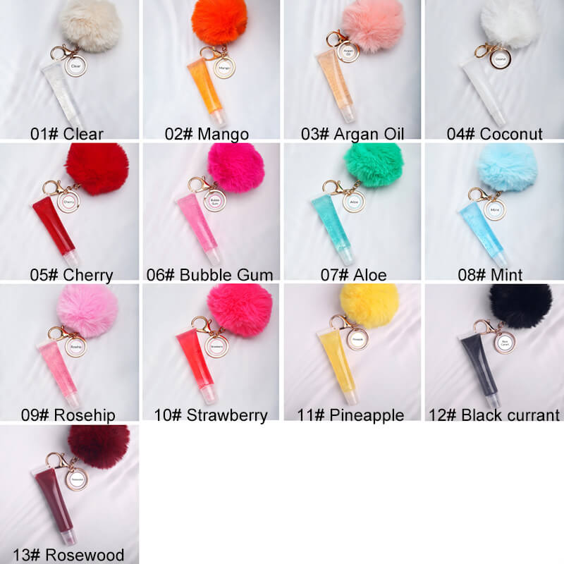 13 color fruity lip gloss pompom keychain vegan lipgloss