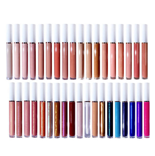 64 colors lip gloss high pigmented nude shiny vegan no logo white tube