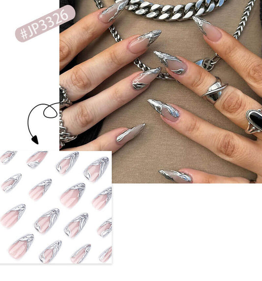 French 3D nail patch silver press on nails removable nail sheet 24pcs