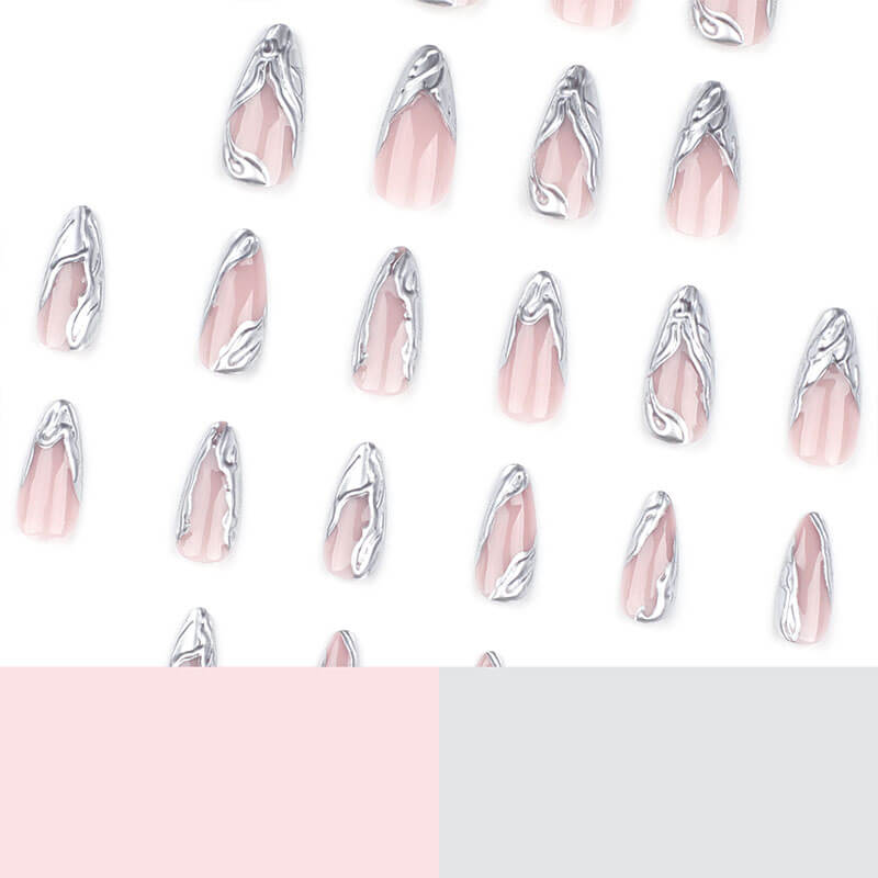 French 3D nail patch silver press on nails removable nail sheet 24pcs