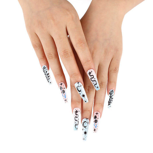 Press on nails long coffin blue false nails with snake design