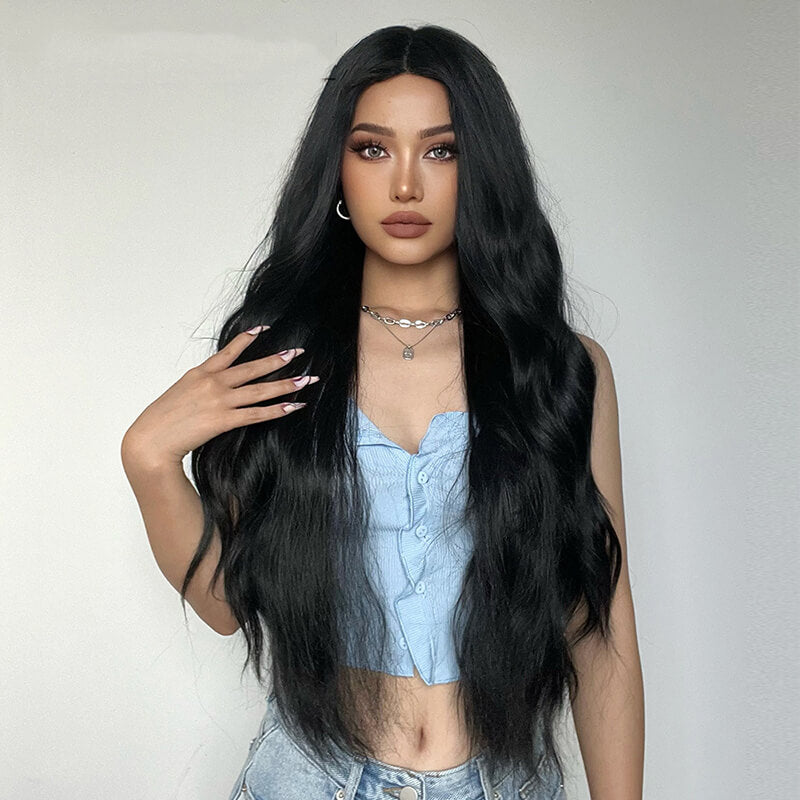 Lady wigs long curly black matte high-temperature silk wig full headgear