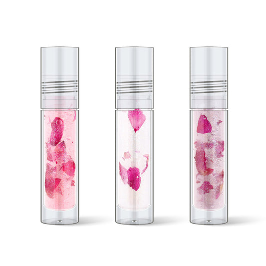 3-Shade Lip Oil Plumping Lip Gloss Real Rose Petals Pearlescent Shimmer