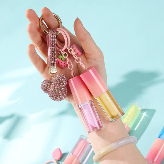 10-Color Fruit Lip Oil Plumping Lip Gloss Moisturizing With Strawberry Keychain