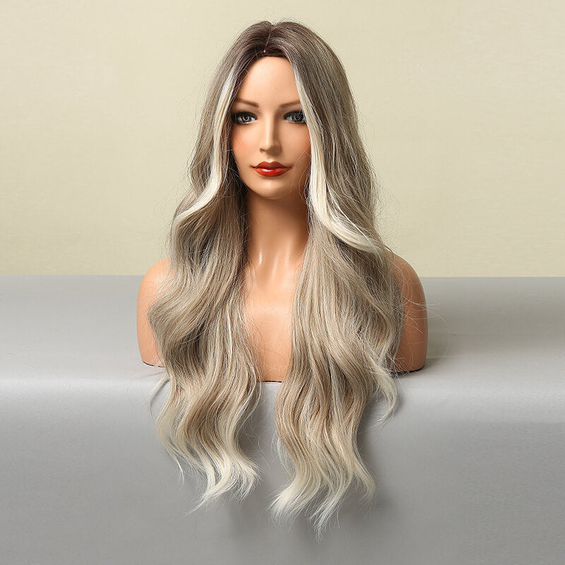 Fashion lady wigs large waves long curly hair natural gray full head