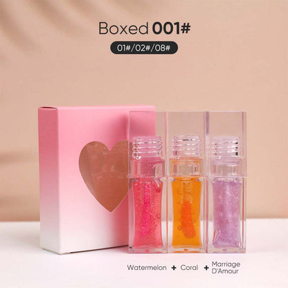 3-Piece Plumping Lip Oil Set Color Change Hydrating Shine Lip Gloss Heart-Shaped Box