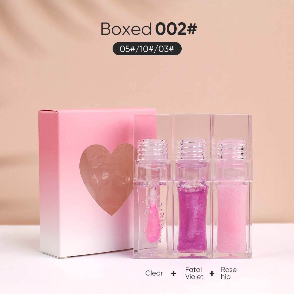 3-Piece Plumping Lip Oil Set Color Change Hydrating Shine Lip Gloss Heart-Shaped Box