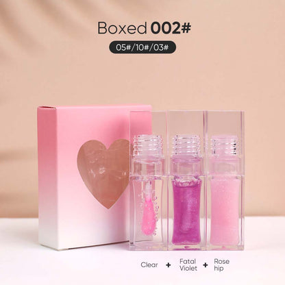 3-Piece Plumping Lip Oil Set Color Change Hydrating Shine Lip Gloss Heart-Shaped Box