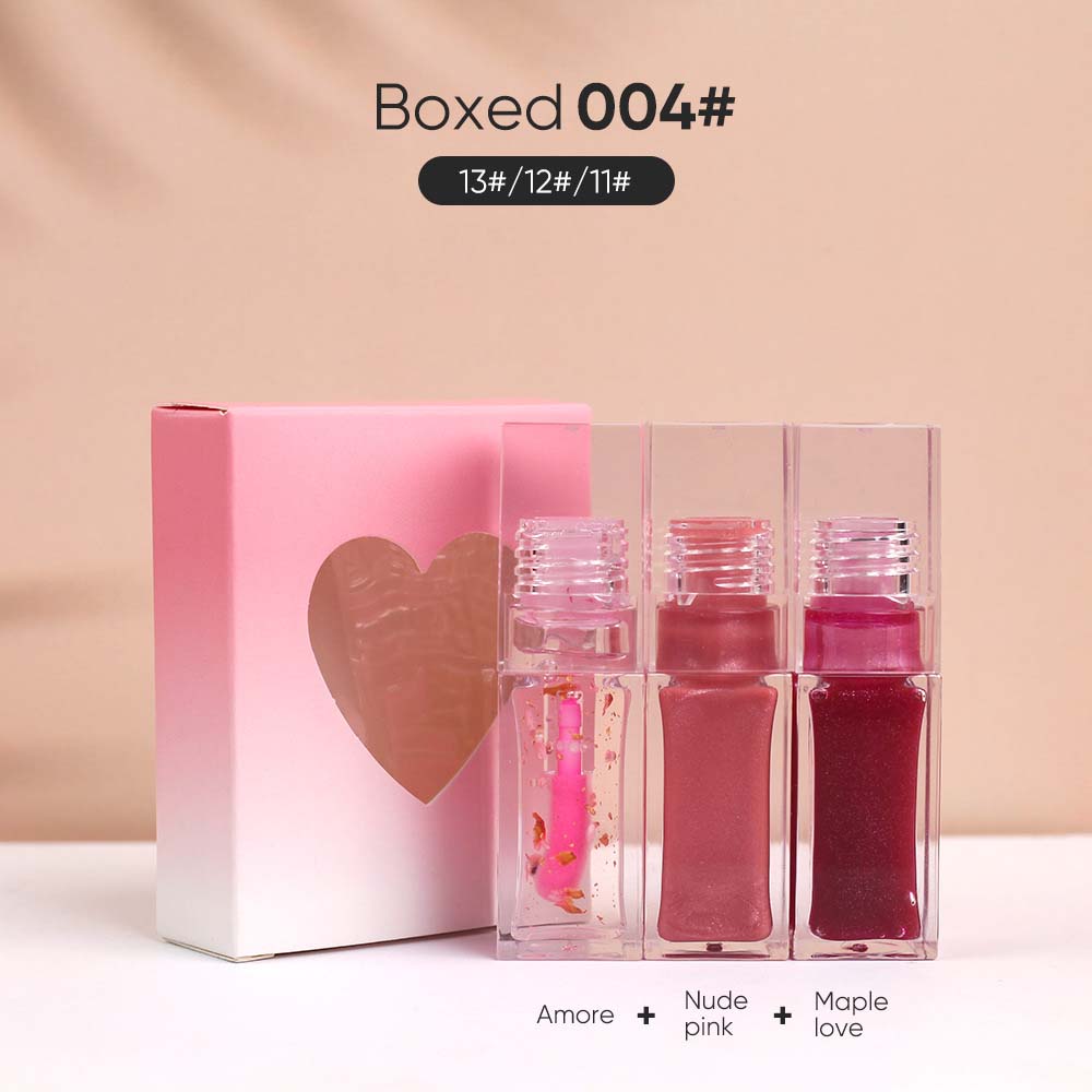 3-Piece Plumping Lip Oil Set Color Change Hydrating Shine Lip Gloss Heart-Shaped Box