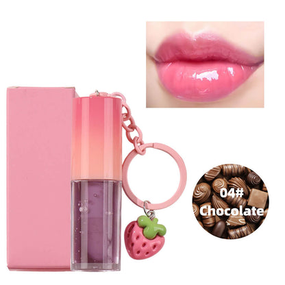 10-Color Fruit Lip Oil Plumping Lip Gloss Moisturizing With Strawberry Keychain