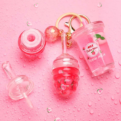 5 Color Lip Oil Peach Floating Milk Tea Cup Lip Gloss Keychain Honey Gloss
