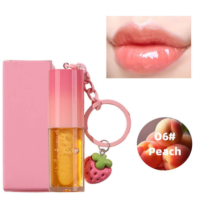 10-Color Fruit Lip Oil Plumping Lip Gloss Moisturizing With Strawberry Keychain