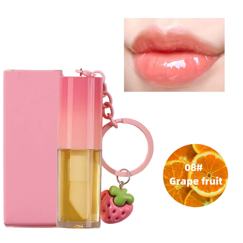 10-Color Fruit Lip Oil Plumping Lip Gloss Moisturizing With Strawberry Keychain