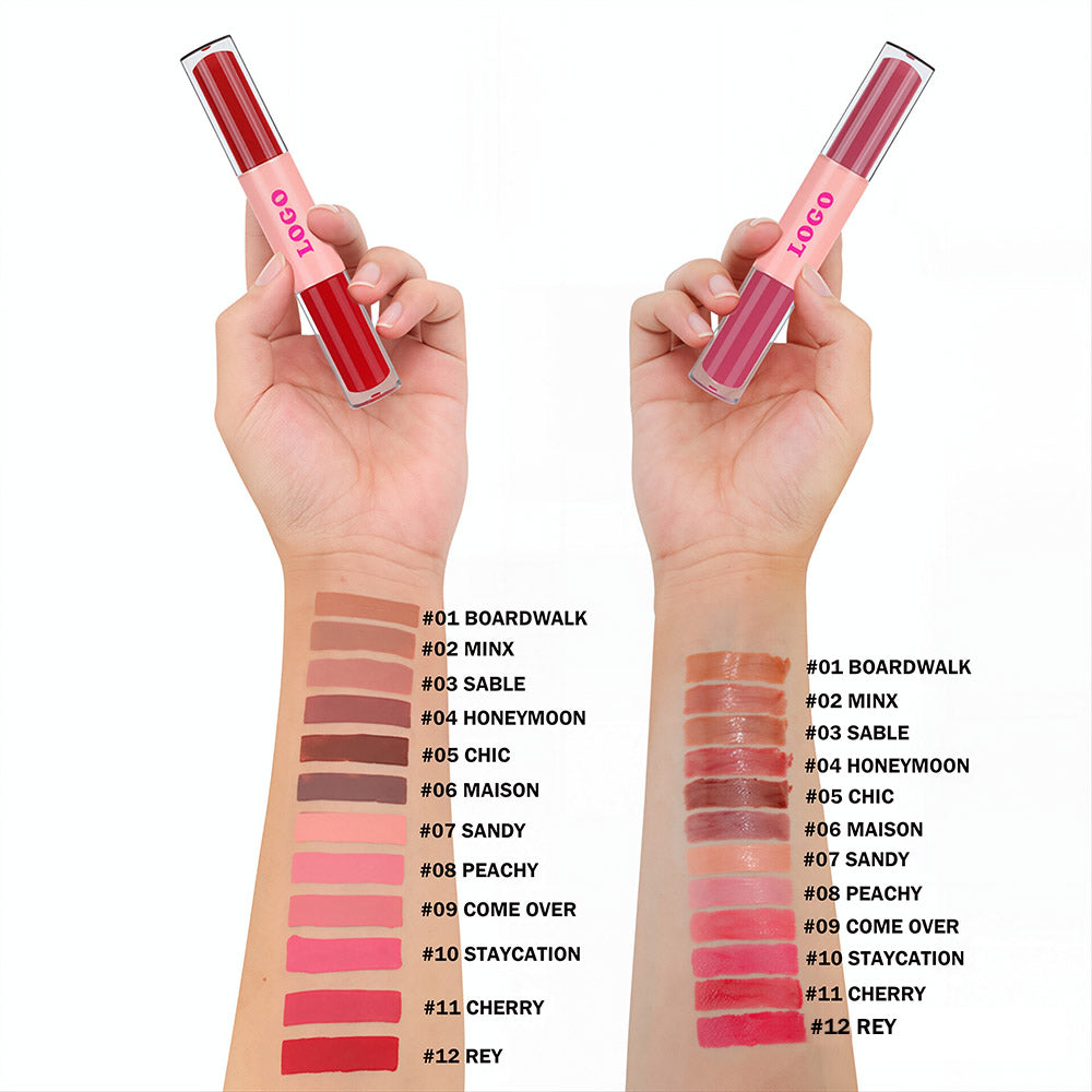 12 Color 2-In-1 Lip Gloss & Matte Liquid Lipstick Moisturizing Waterproof Vegan