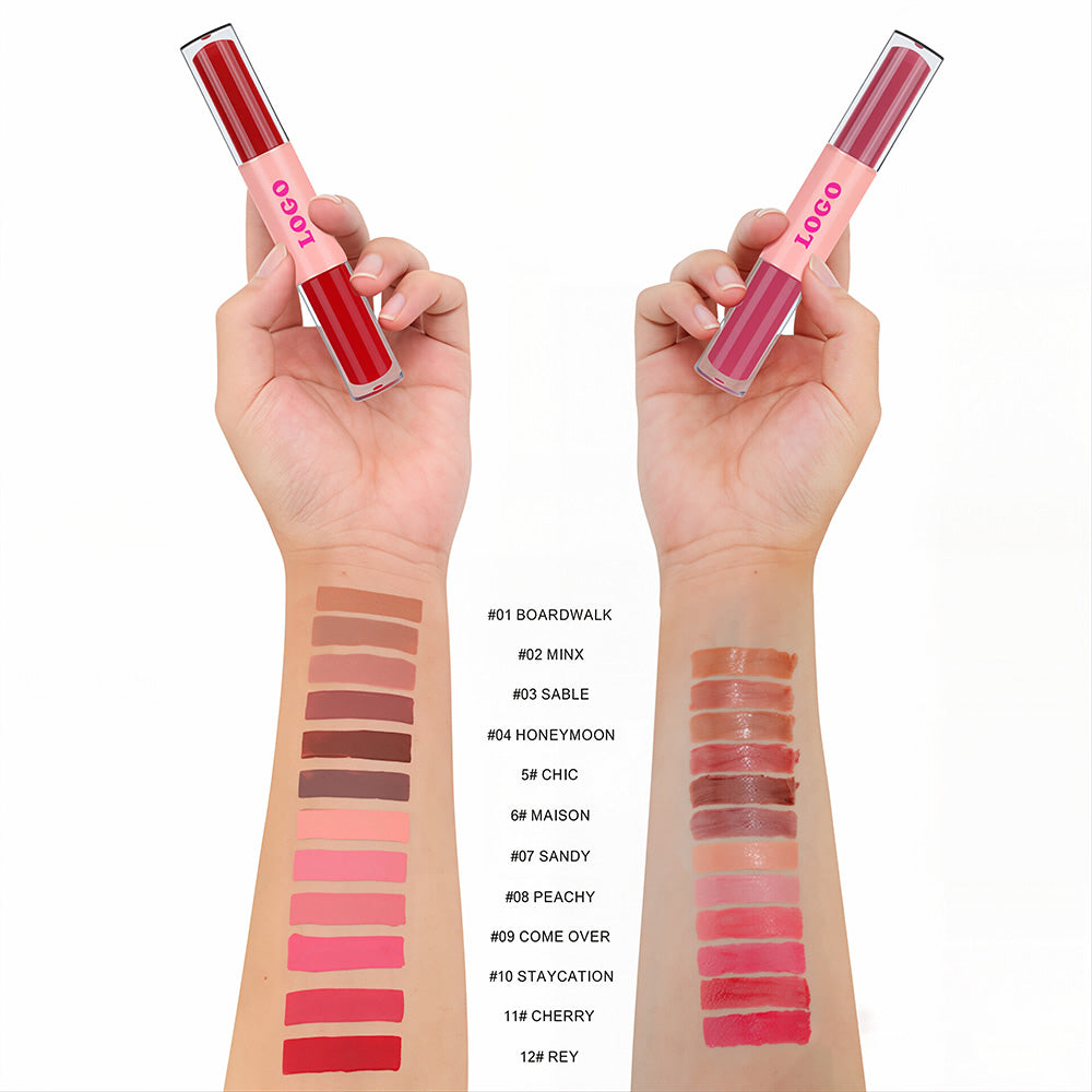 12 Color 2-In-1 Lip Gloss & Matte Liquid Lipstick Moisturizing Waterproof Vegan