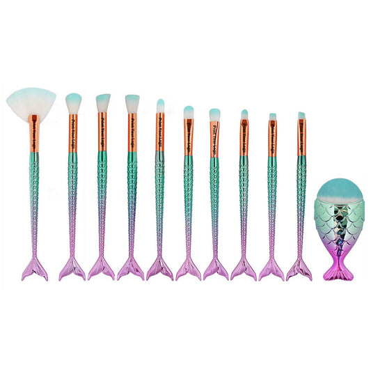 Ensemble de 11 pinceaux de maquillage doux, style sirène, respectueux de la peau.