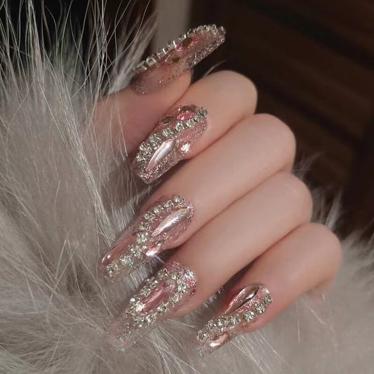 Press on nails fake nail patch diamond pink removable 24pcs