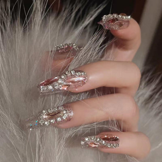 Press on nails fake nail patch diamond pink removable 24pcs